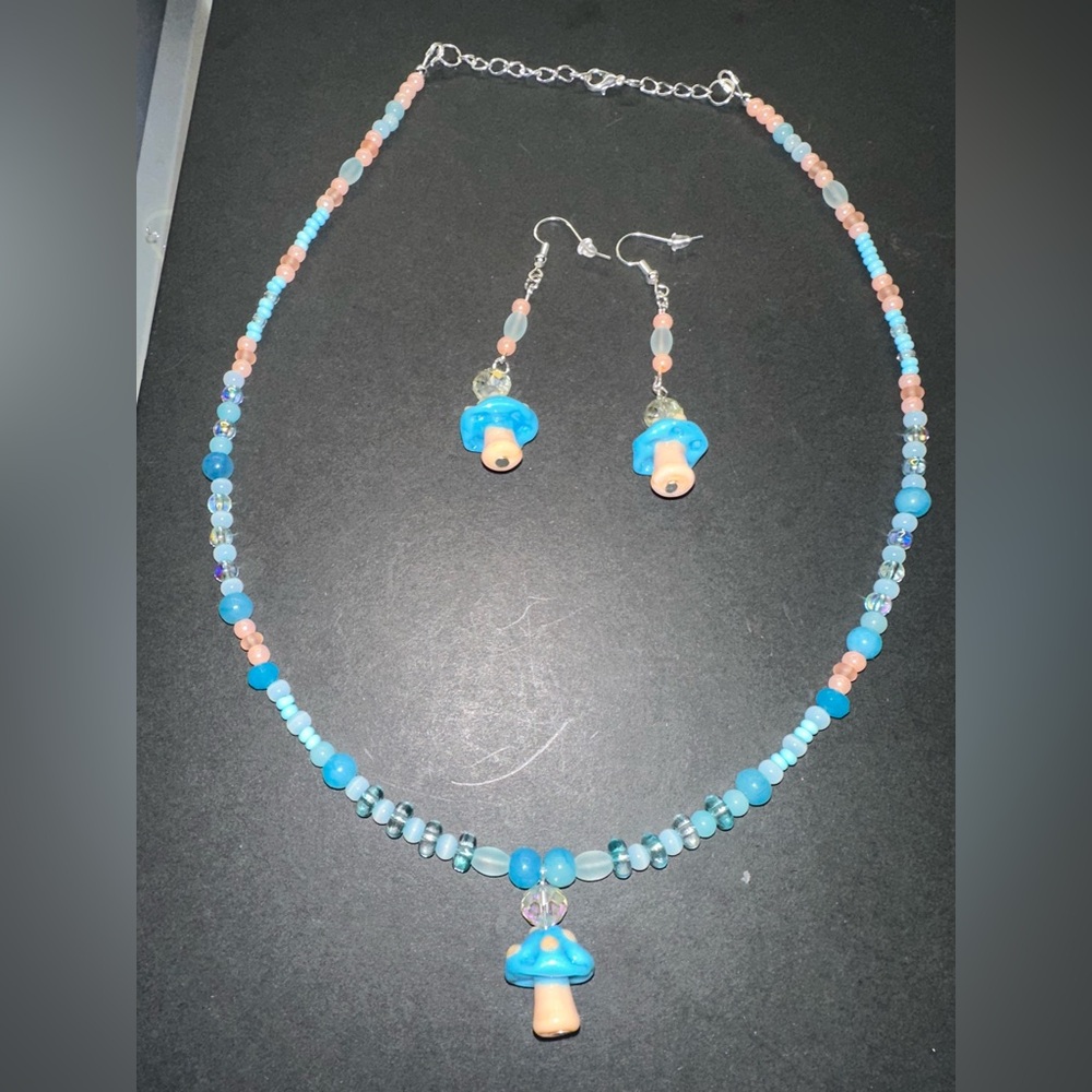 Hand Crafted Blue and Peach Necklace Set